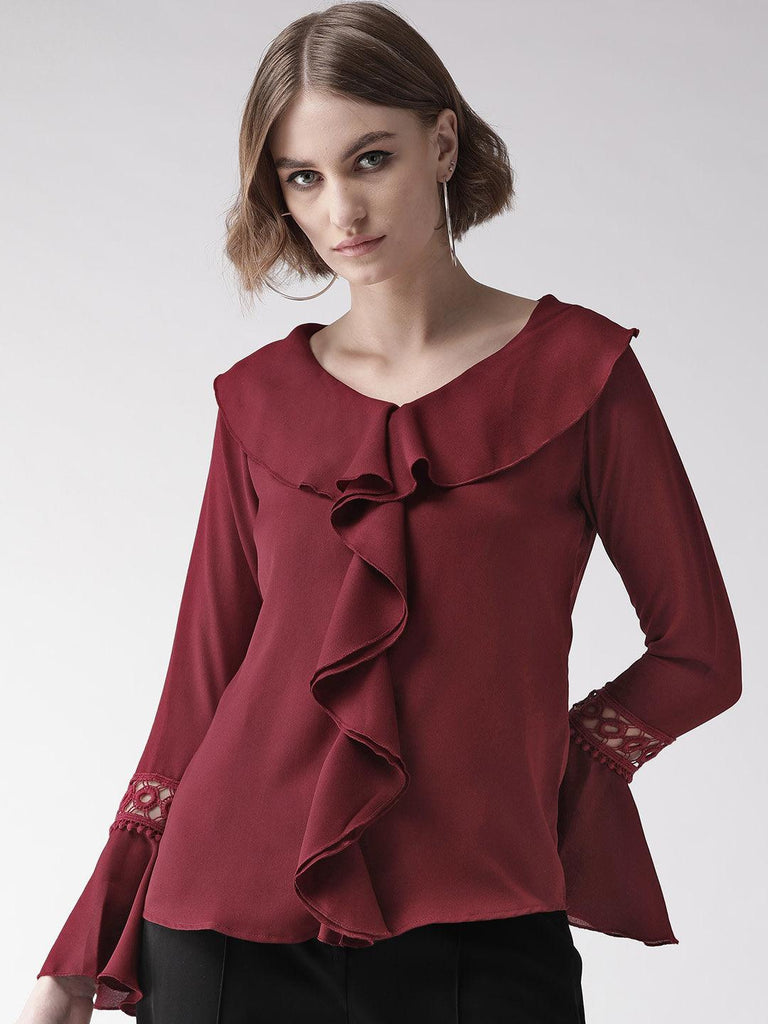 Women Maroon Solid Ruffled Top-Tops-StyleQuotient