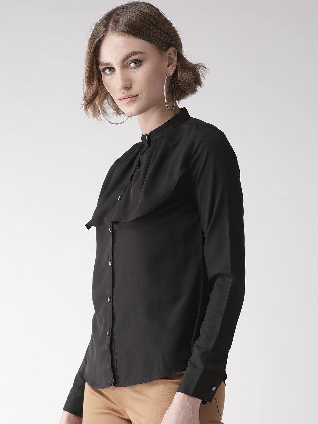 Women Black Contemporary Regular Fit Solid Smart Casual Shirt-Shirts-StyleQuotient