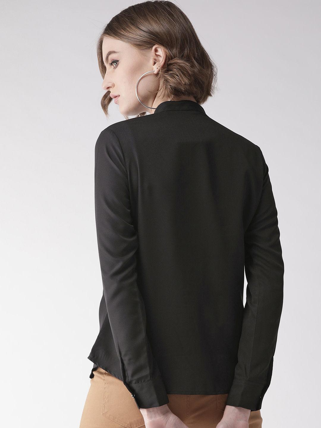 Women Black Contemporary Regular Fit Solid Smart Casual Shirt-Shirts-StyleQuotient