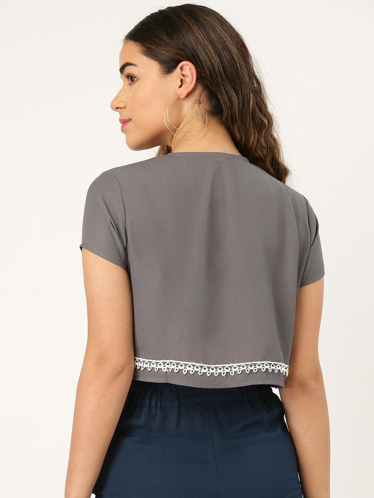 Women Grey Solid Crop Button Shrug-Shrug-StyleQuotient