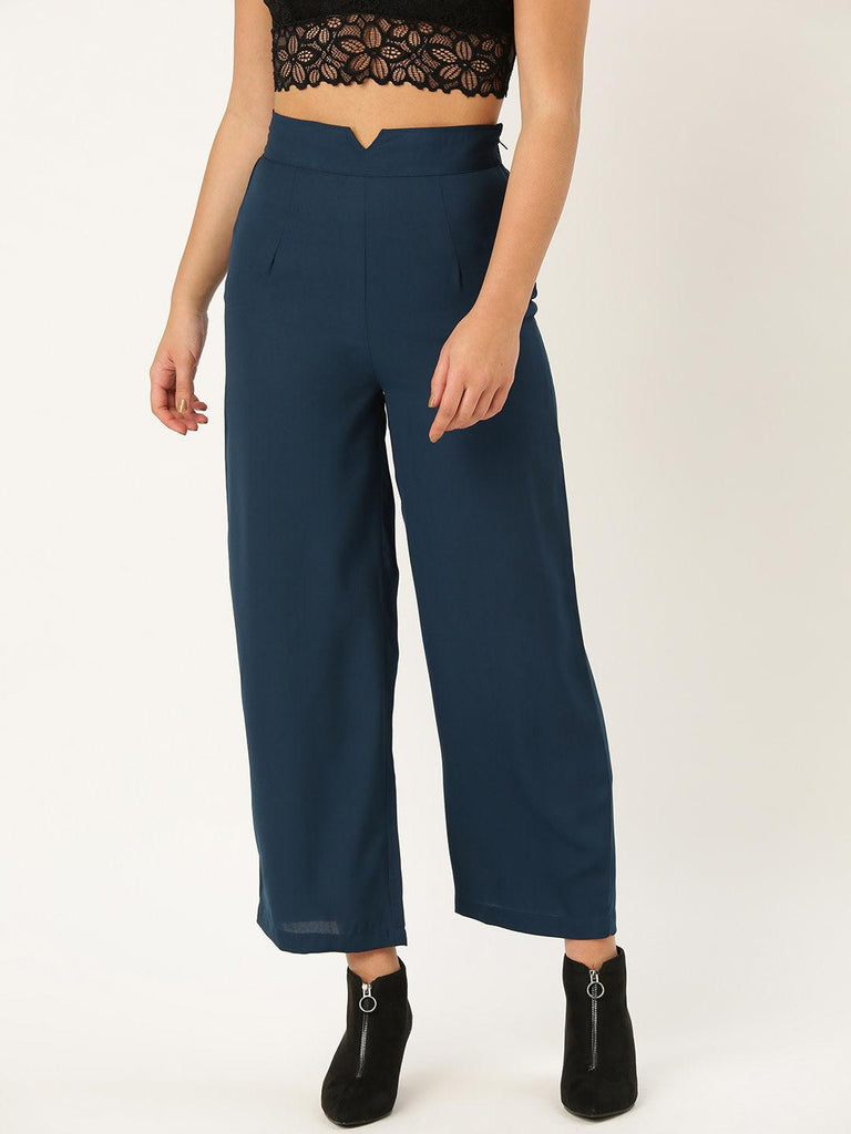 Women Teal Blue Smart Regular Fit Solid Parallel Trousers-Trousers-StyleQuotient