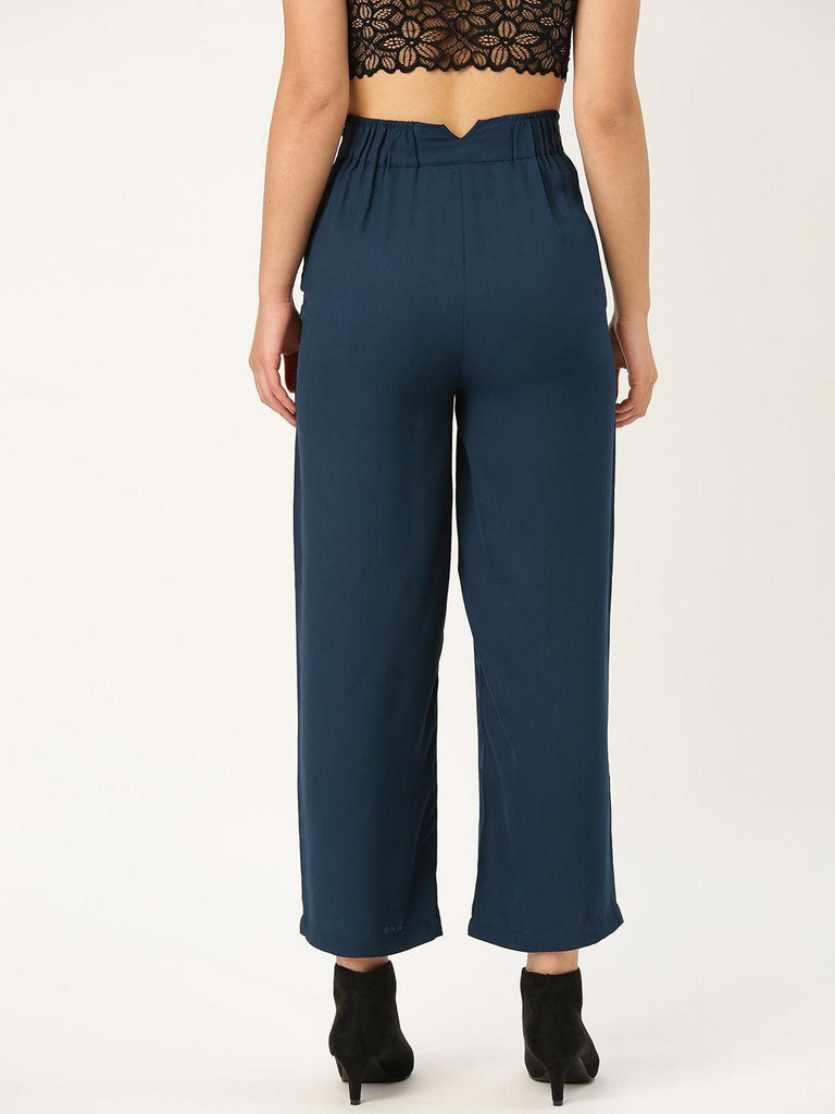 Women Teal Blue Smart Regular Fit Solid Parallel Trousers-Trousers-StyleQuotient