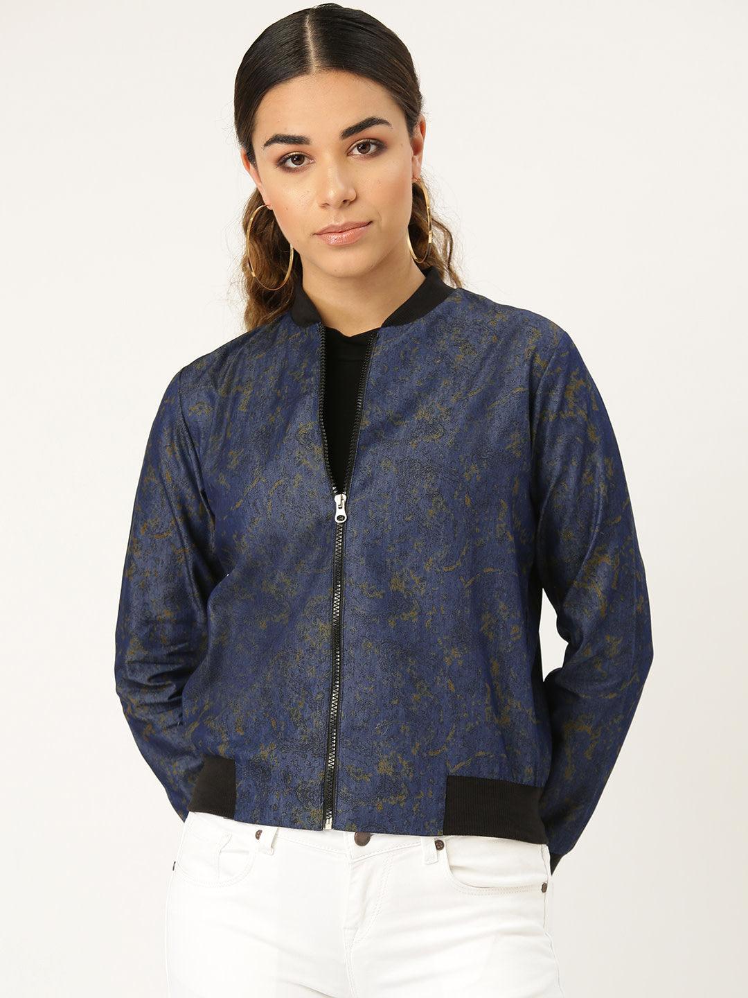 Women Blue & Black Printed Lightweight Bomber Jacket-Jackets-StyleQuotient