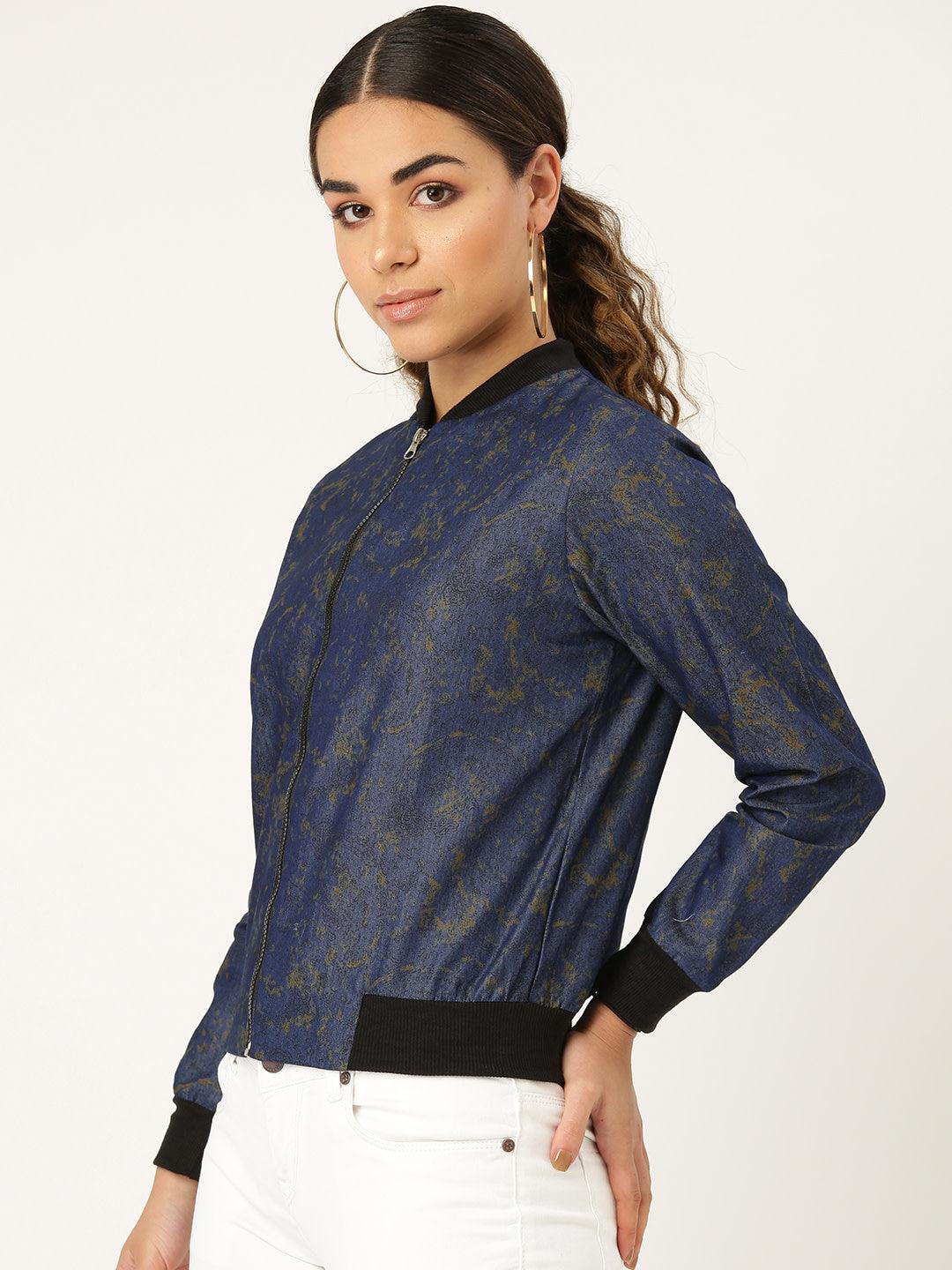 Women Blue & Black Printed Lightweight Bomber Jacket-Jackets-StyleQuotient