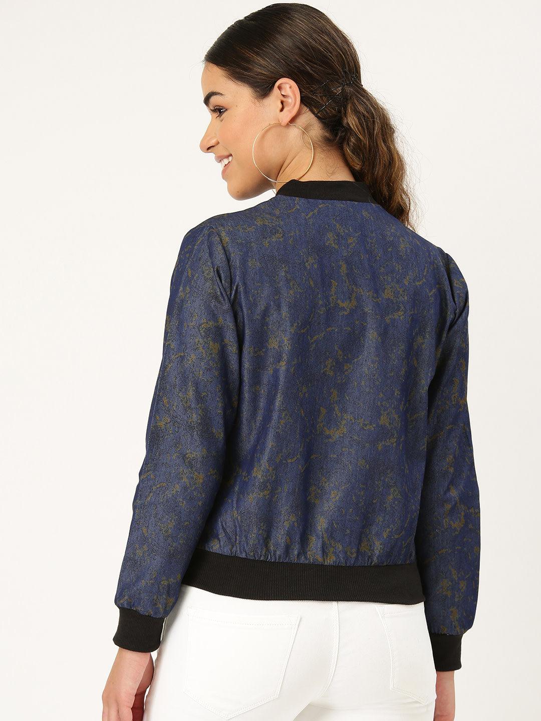 Women Blue & Black Printed Lightweight Bomber Jacket-Jackets-StyleQuotient