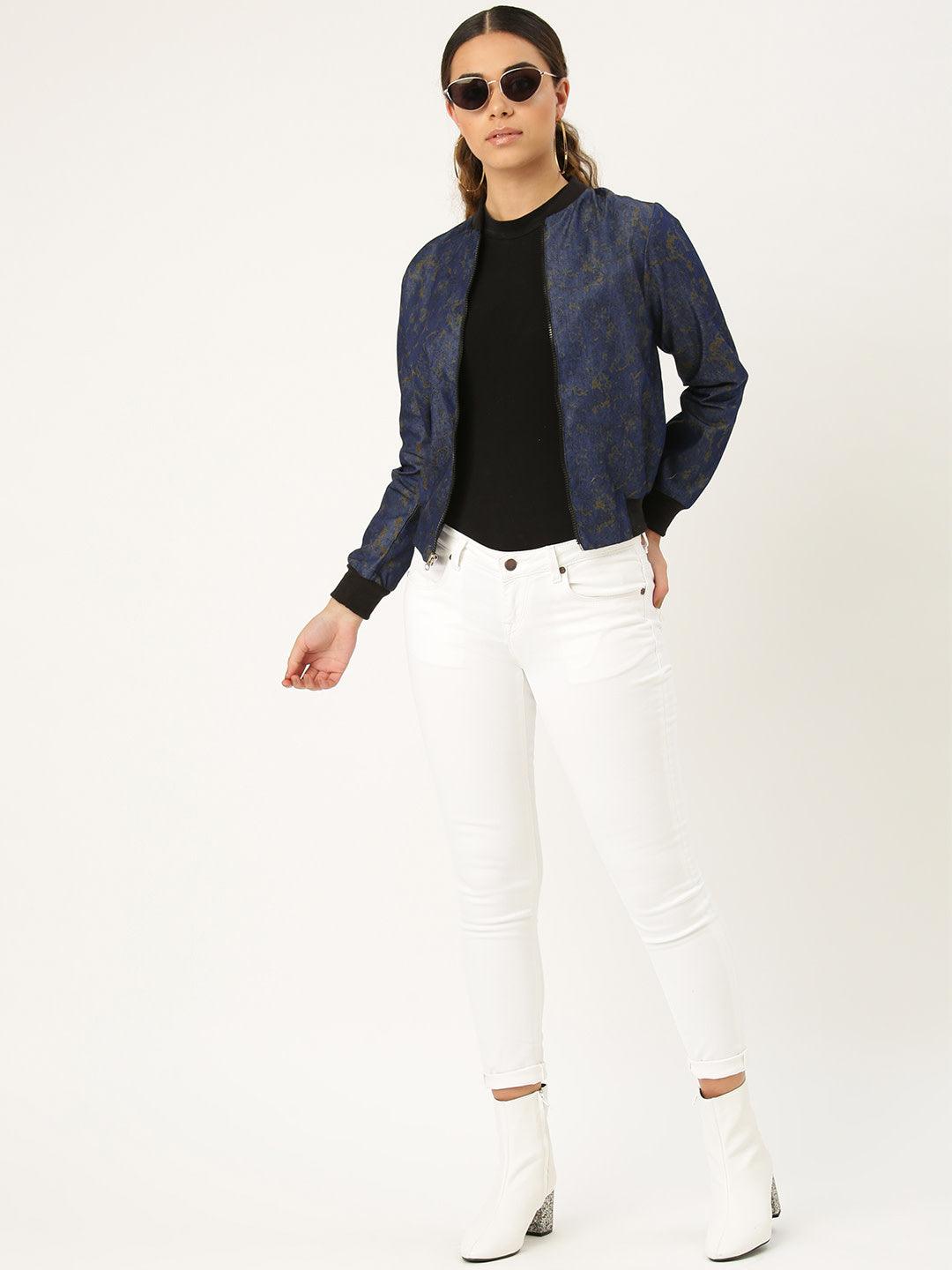 Women Blue & Black Printed Lightweight Bomber Jacket-Jackets-StyleQuotient