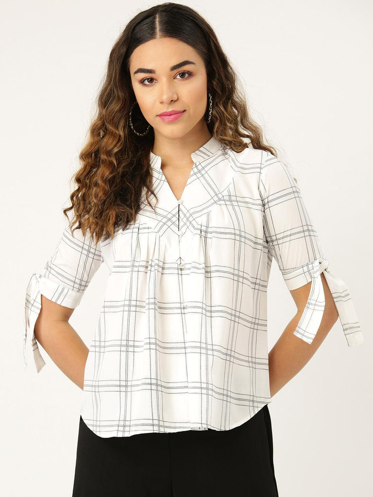 Women White & Black Checked Shirt Style Top-Tops-StyleQuotient