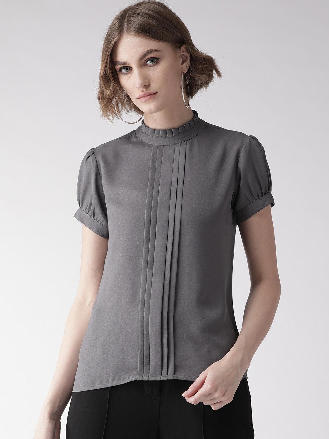 Style Quotient Women Solid Grey Polyester Regular Smart Casual Top-Tops-StyleQuotient