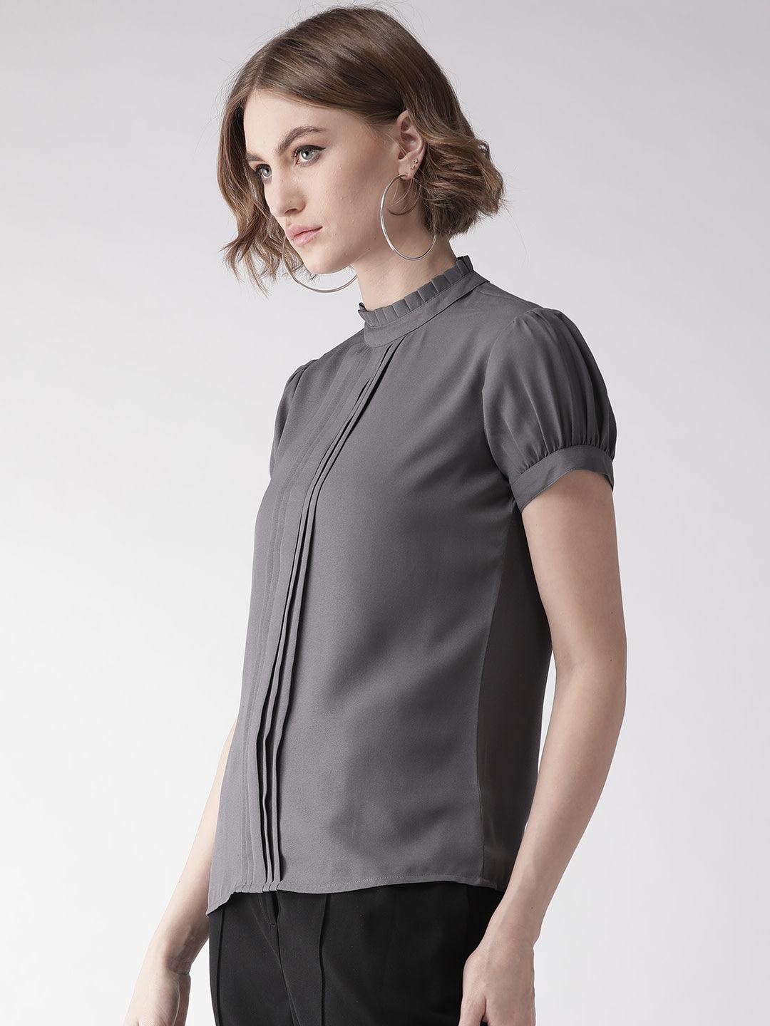 Style Quotient Women Solid Grey Polyester Regular Smart Casual Top-Tops-StyleQuotient