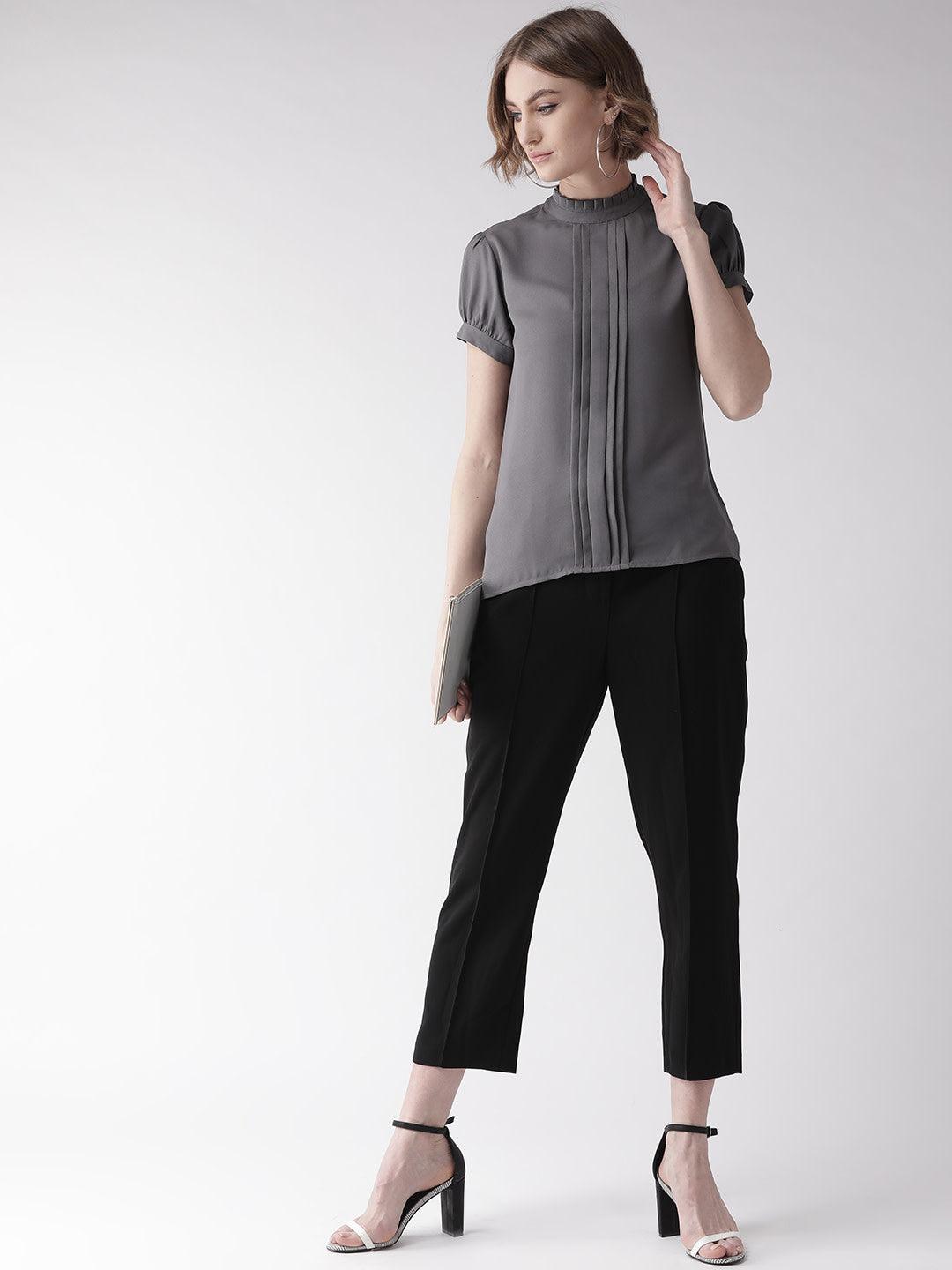 Style Quotient Women Solid Grey Polyester Regular Smart Casual Top-Tops-StyleQuotient