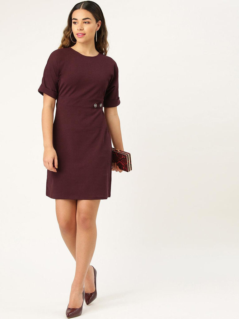 Women Burgundy Solid Sheath Dress-Dresses-StyleQuotient