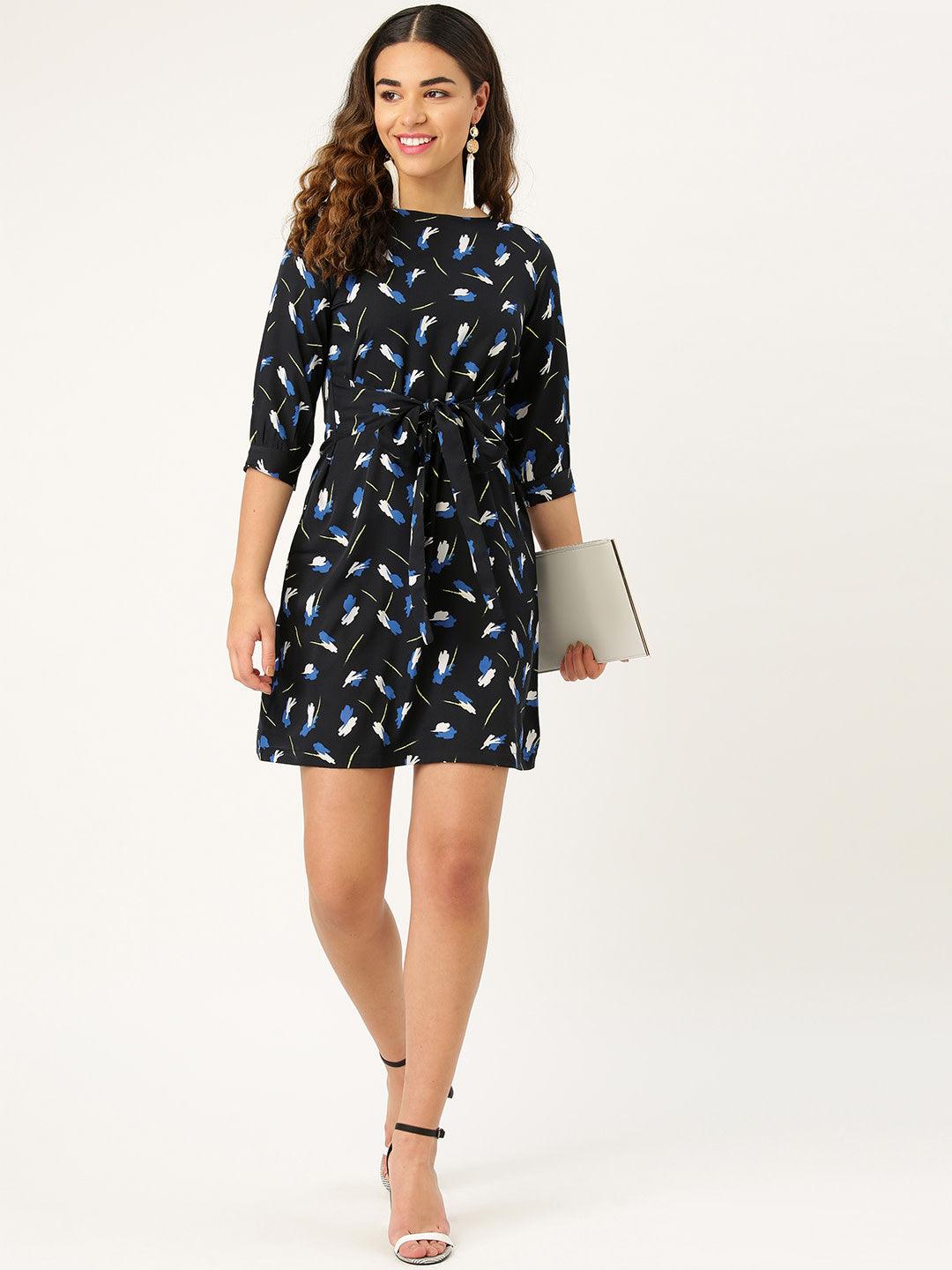 Women Black Printed A-Line Dress-Dresses-StyleQuotient