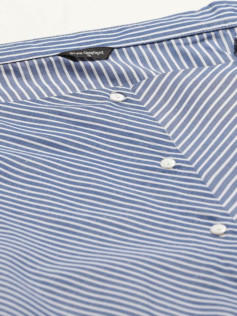 Women Blue & White Striped A-Line Shirt Dress-Dresses-StyleQuotient