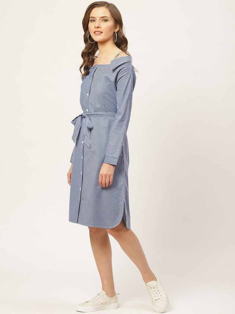 Women Blue & White Striped A-Line Shirt Dress-Dresses-StyleQuotient