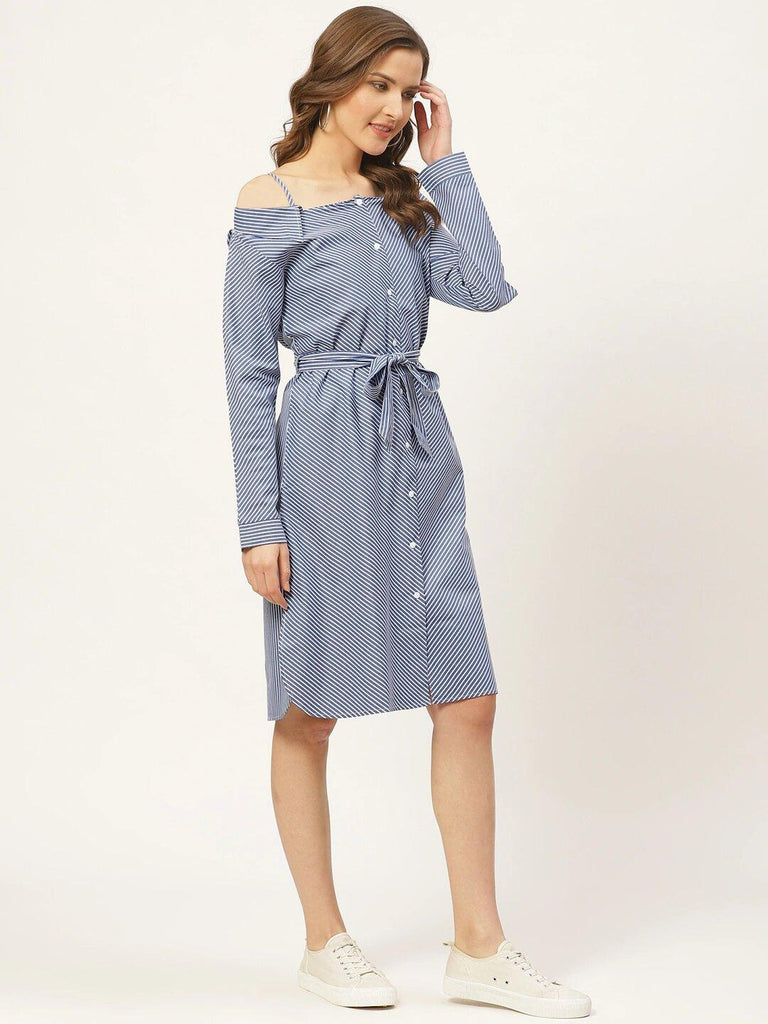 Women Blue & White Striped A-Line Shirt Dress-Dresses-StyleQuotient