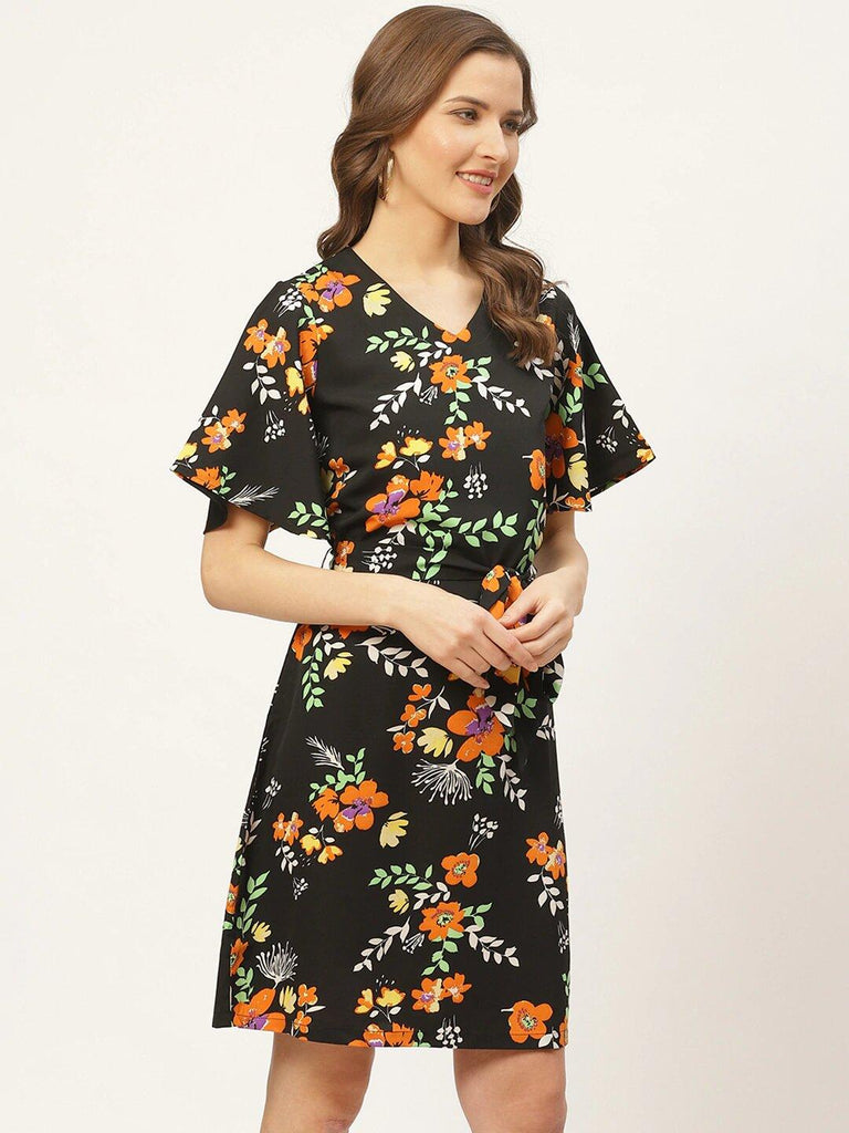 Women Black & Orange Floral Printed A-Line Dress-Dresses-StyleQuotient