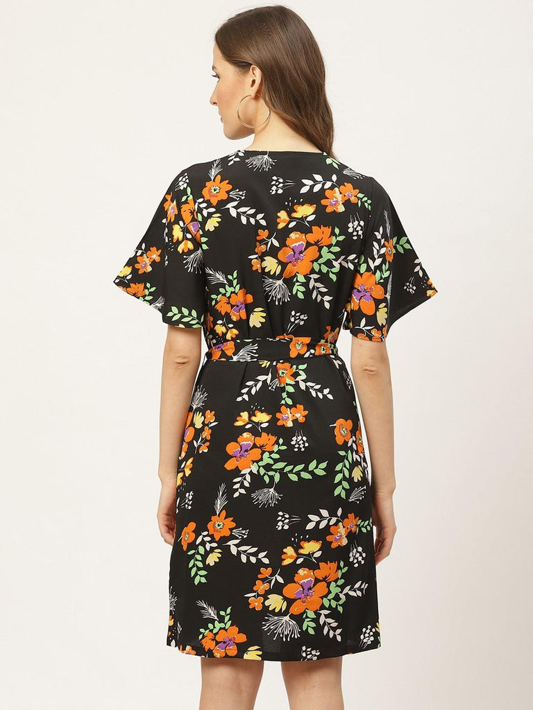 Women Black & Orange Floral Printed A-Line Dress-Dresses-StyleQuotient