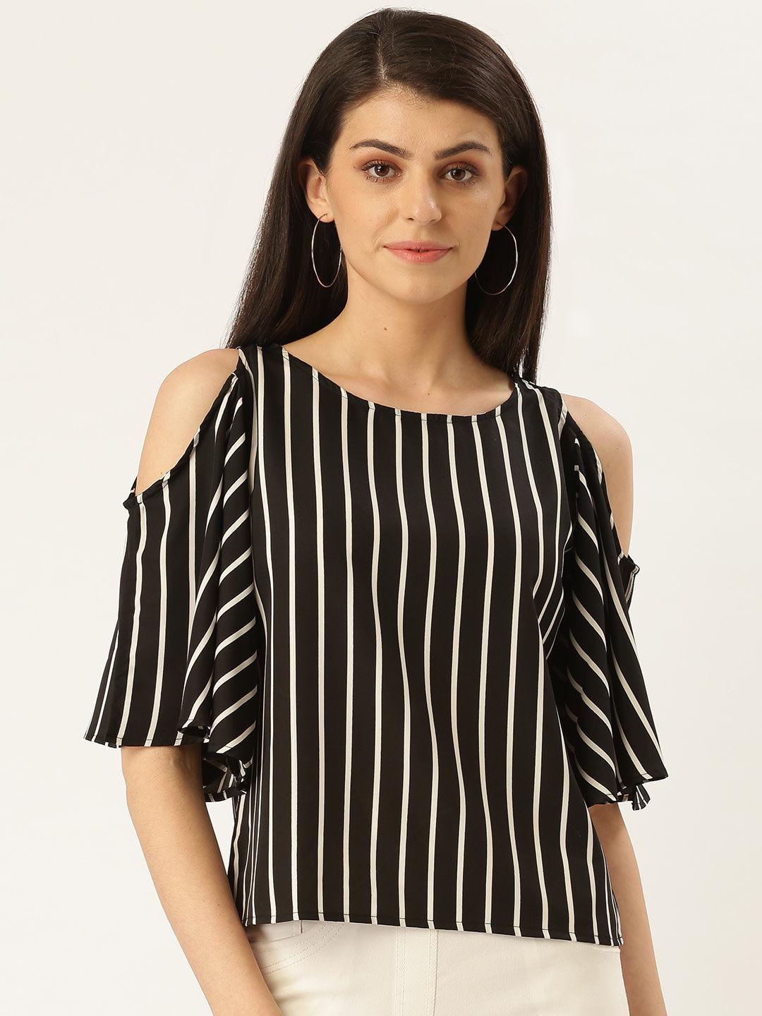 Women Black & White Cold-Shoulder Striped Top-Tops-StyleQuotient