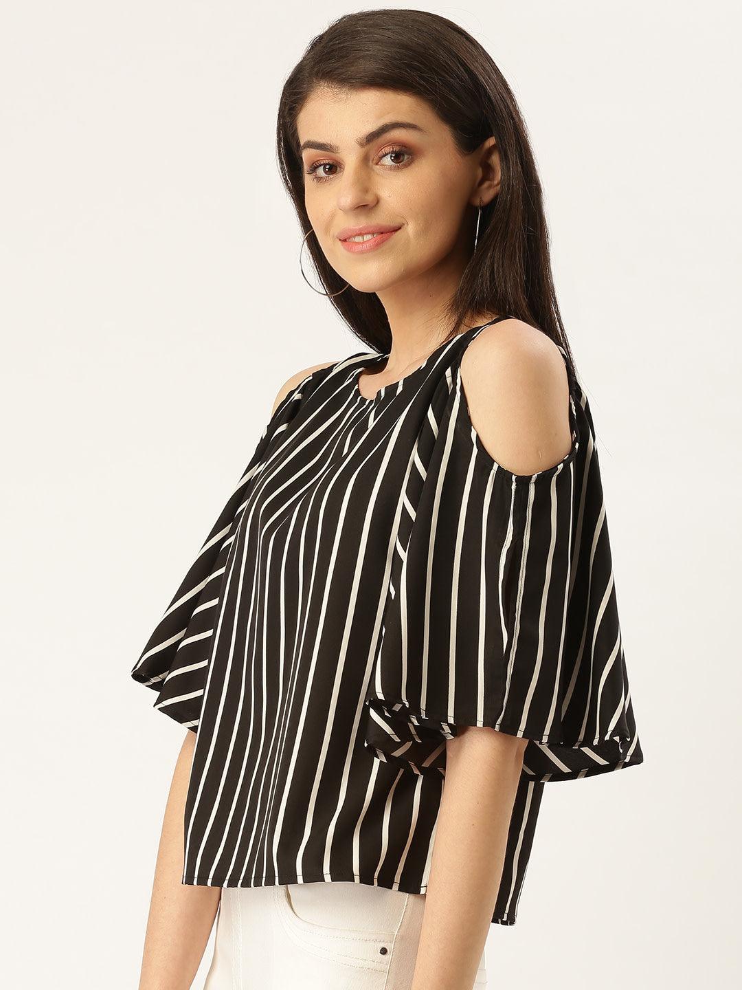 Women Black & White Cold-Shoulder Striped Top-Tops-StyleQuotient