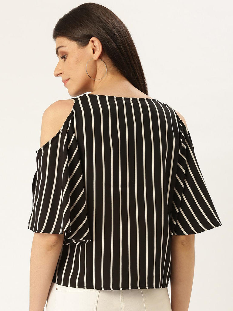 Women Black & White Cold-Shoulder Striped Top-Tops-StyleQuotient