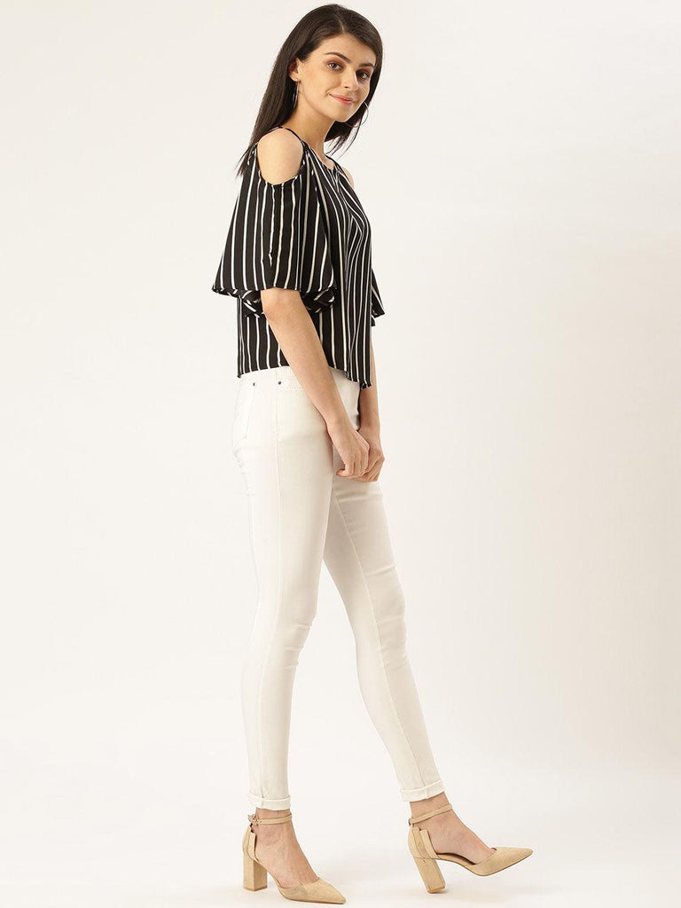 Women Black & White Cold-Shoulder Striped Top-Tops-StyleQuotient