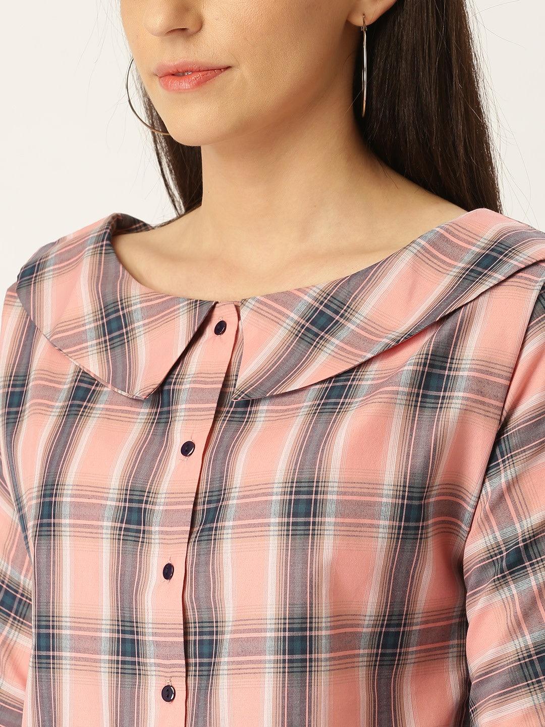 Style Quotient Women Pink and Multi Checked Print Cotton Smart Casual Top-Tops-StyleQuotient