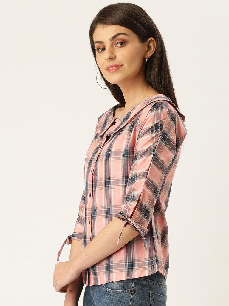 Style Quotient Women Pink and Multi Checked Print Cotton Smart Casual Top-Tops-StyleQuotient