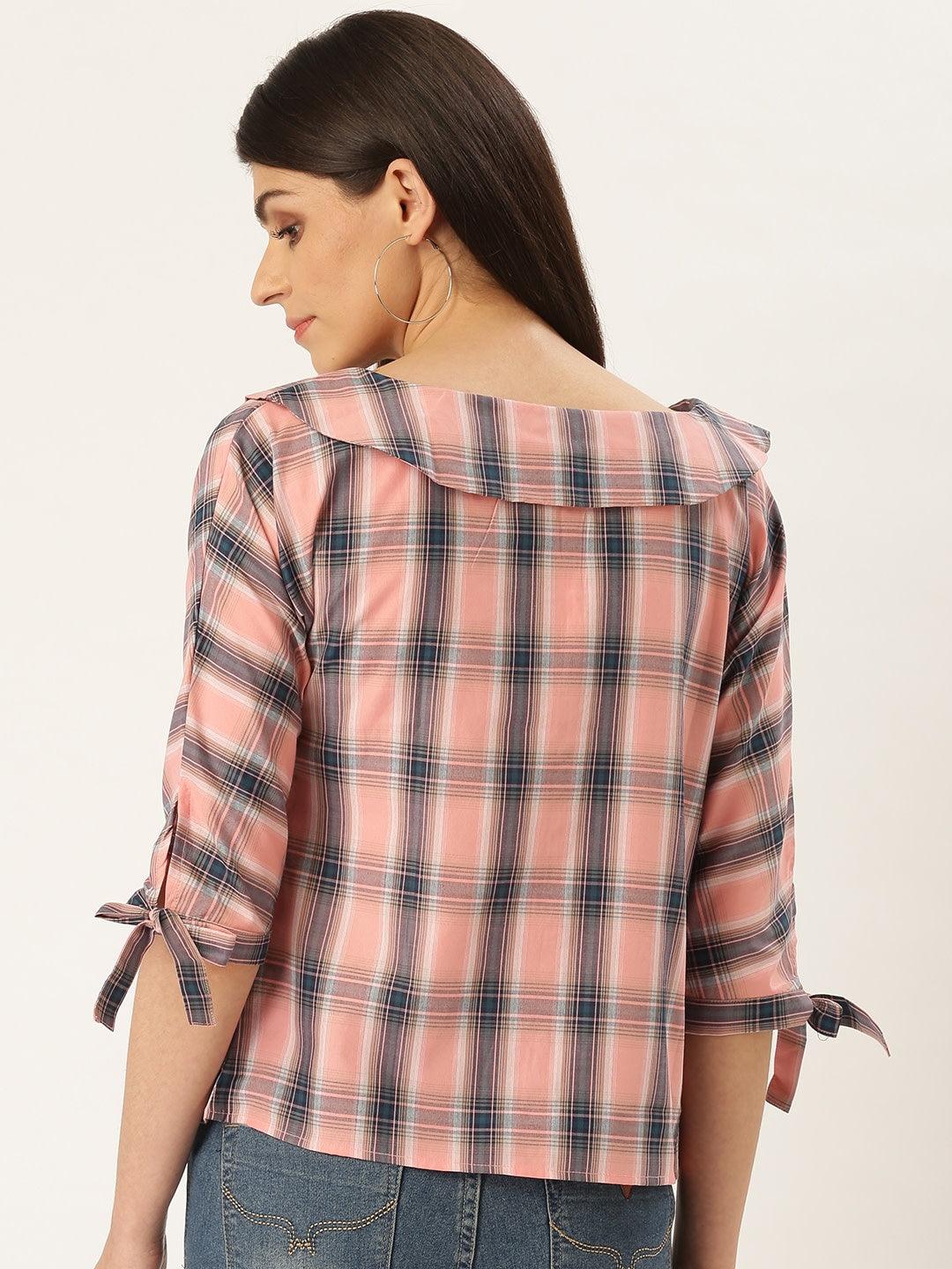 Style Quotient Women Pink and Multi Checked Print Cotton Smart Casual Top-Tops-StyleQuotient