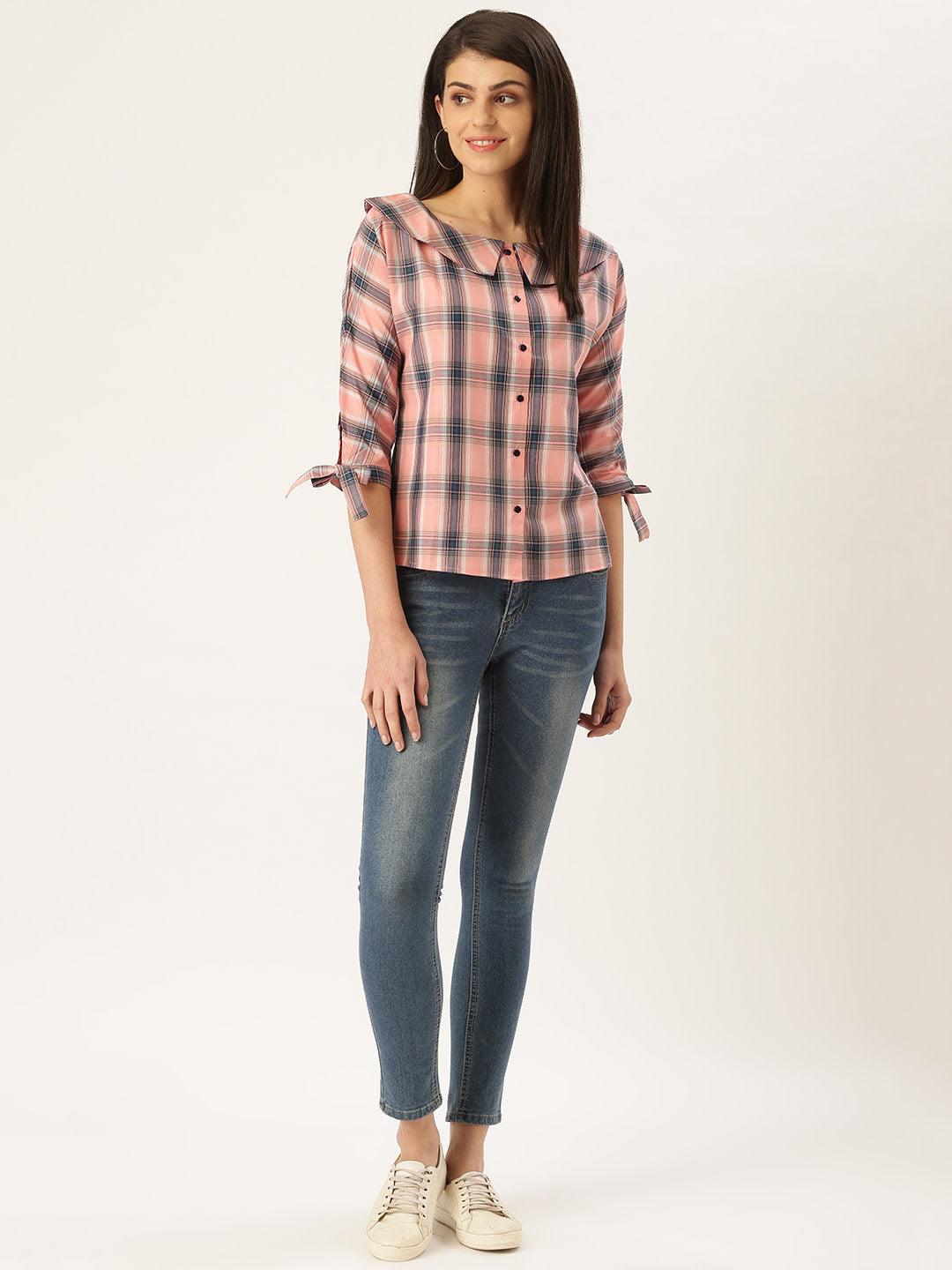 Style Quotient Women Pink and Multi Checked Print Cotton Smart Casual Top-Tops-StyleQuotient