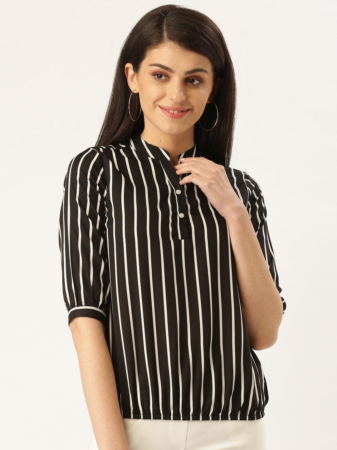 Women Black & White Striped Blouson Top-Tops-StyleQuotient