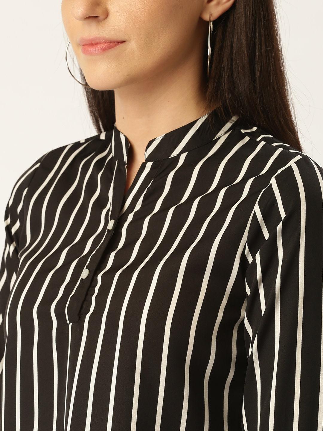 Women Black & White Striped Blouson Top-Tops-StyleQuotient