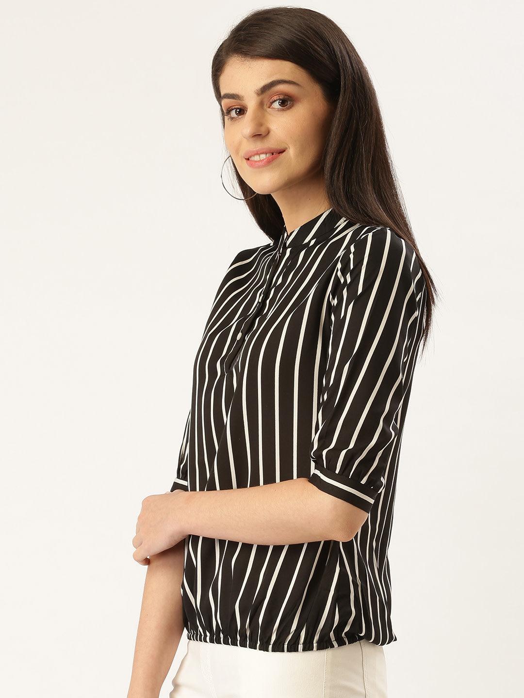 Women Black & White Striped Blouson Top-Tops-StyleQuotient