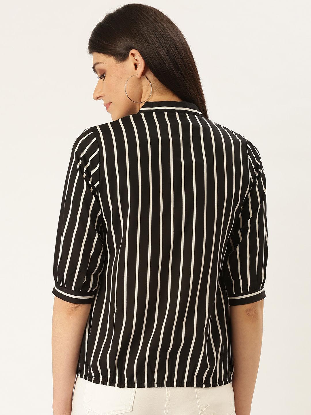 Women Black & White Striped Blouson Top-Tops-StyleQuotient