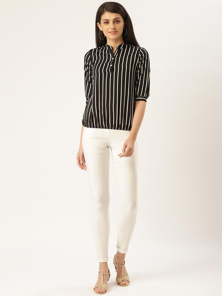 Women Black & White Striped Blouson Top-Tops-StyleQuotient