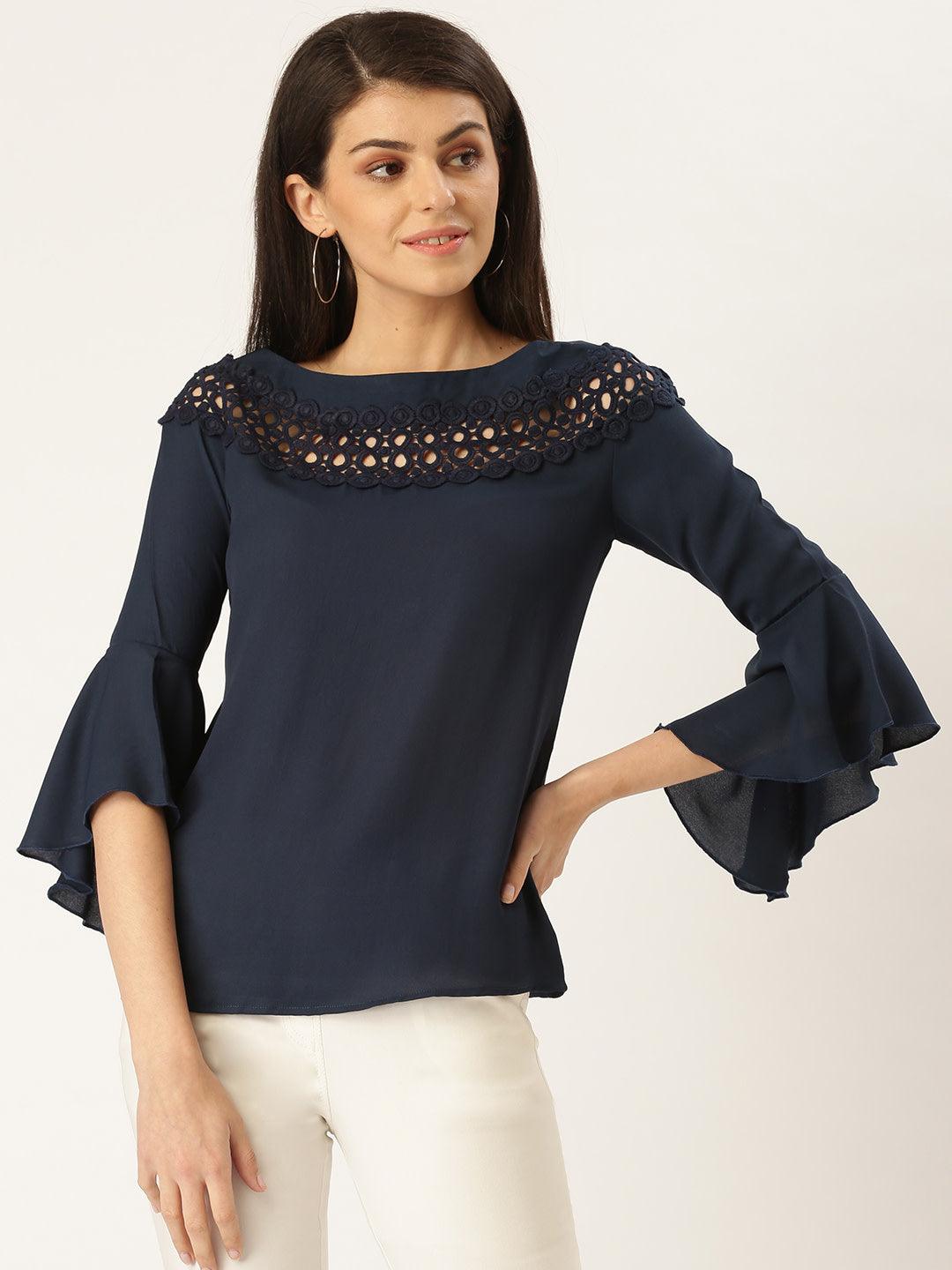 Women Navy Blue Solid Top-Tops-StyleQuotient