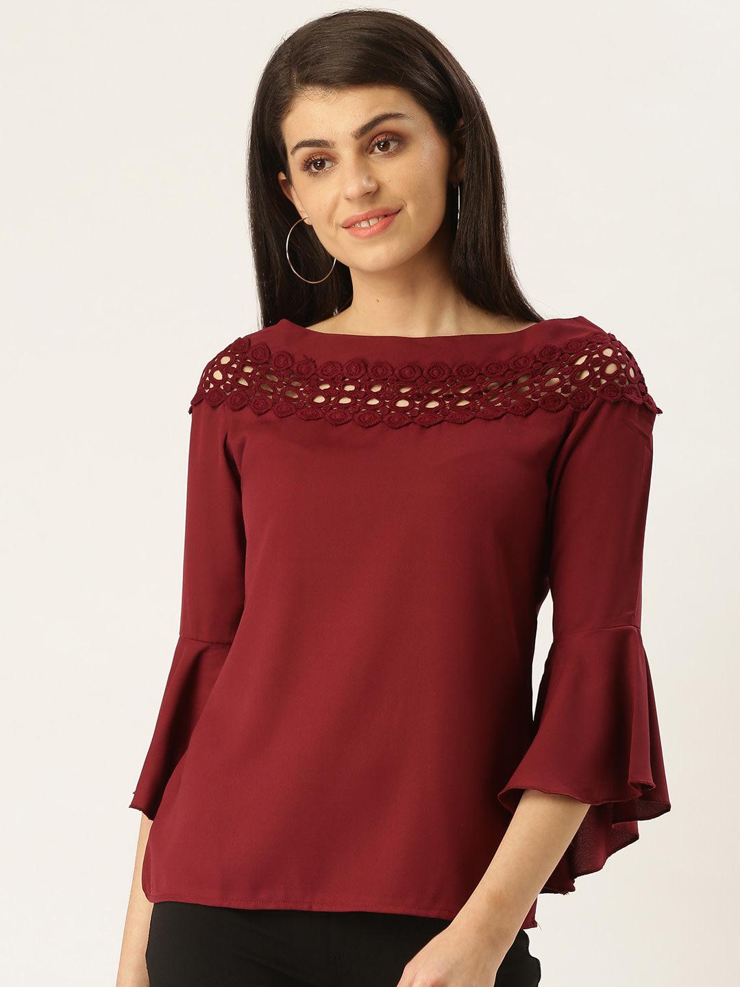 Women Burgundy Solid Top-Tops-StyleQuotient