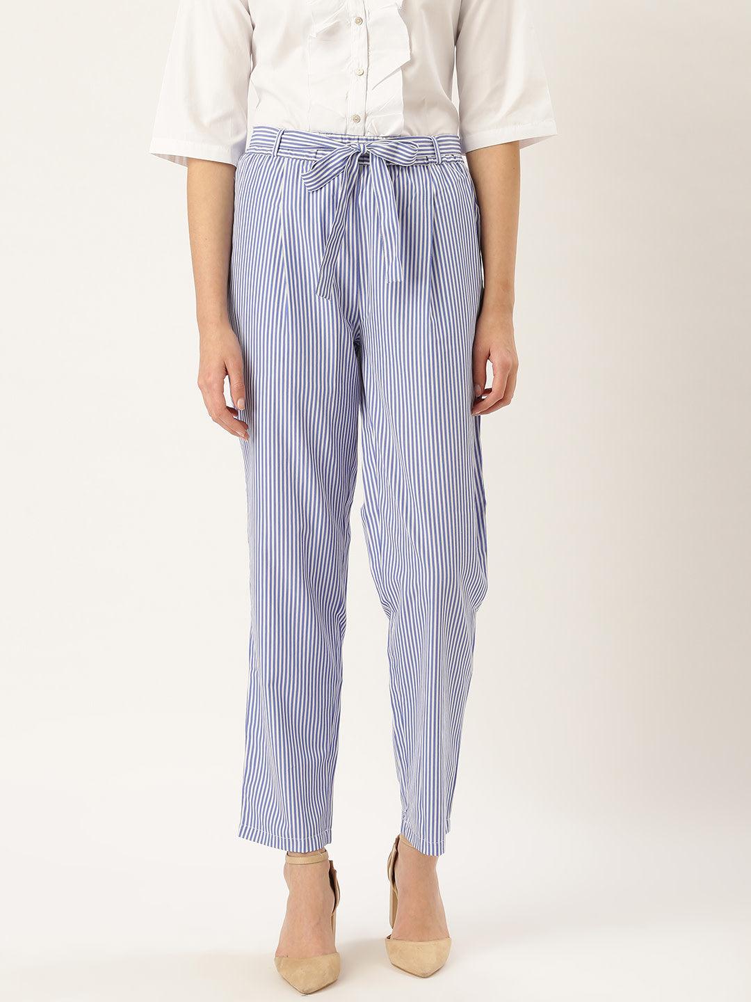 Women Blue & White Original Tapered Fit Striped Cropped Trousers-Trousers-StyleQuotient