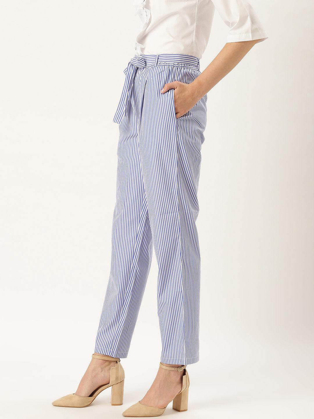 Women Blue & White Original Tapered Fit Striped Cropped Trousers-Trousers-StyleQuotient