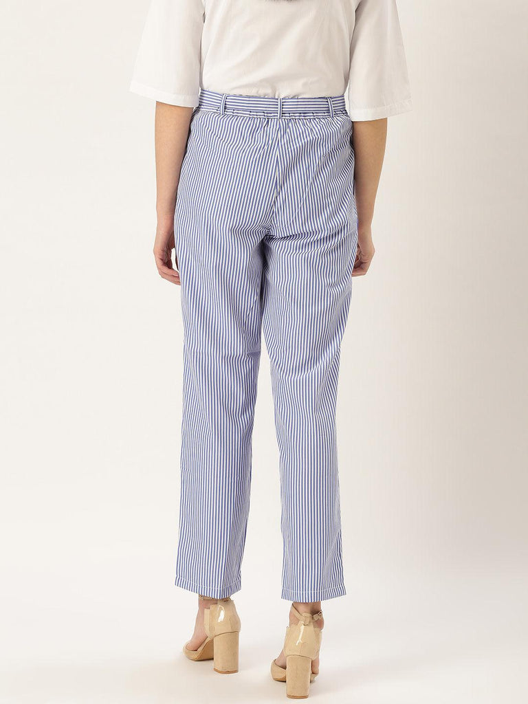 Women Blue & White Original Tapered Fit Striped Cropped Trousers-Trousers-StyleQuotient