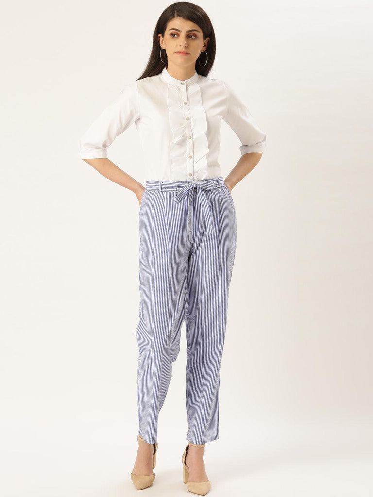 Women Blue & White Original Tapered Fit Striped Cropped Trousers-Trousers-StyleQuotient