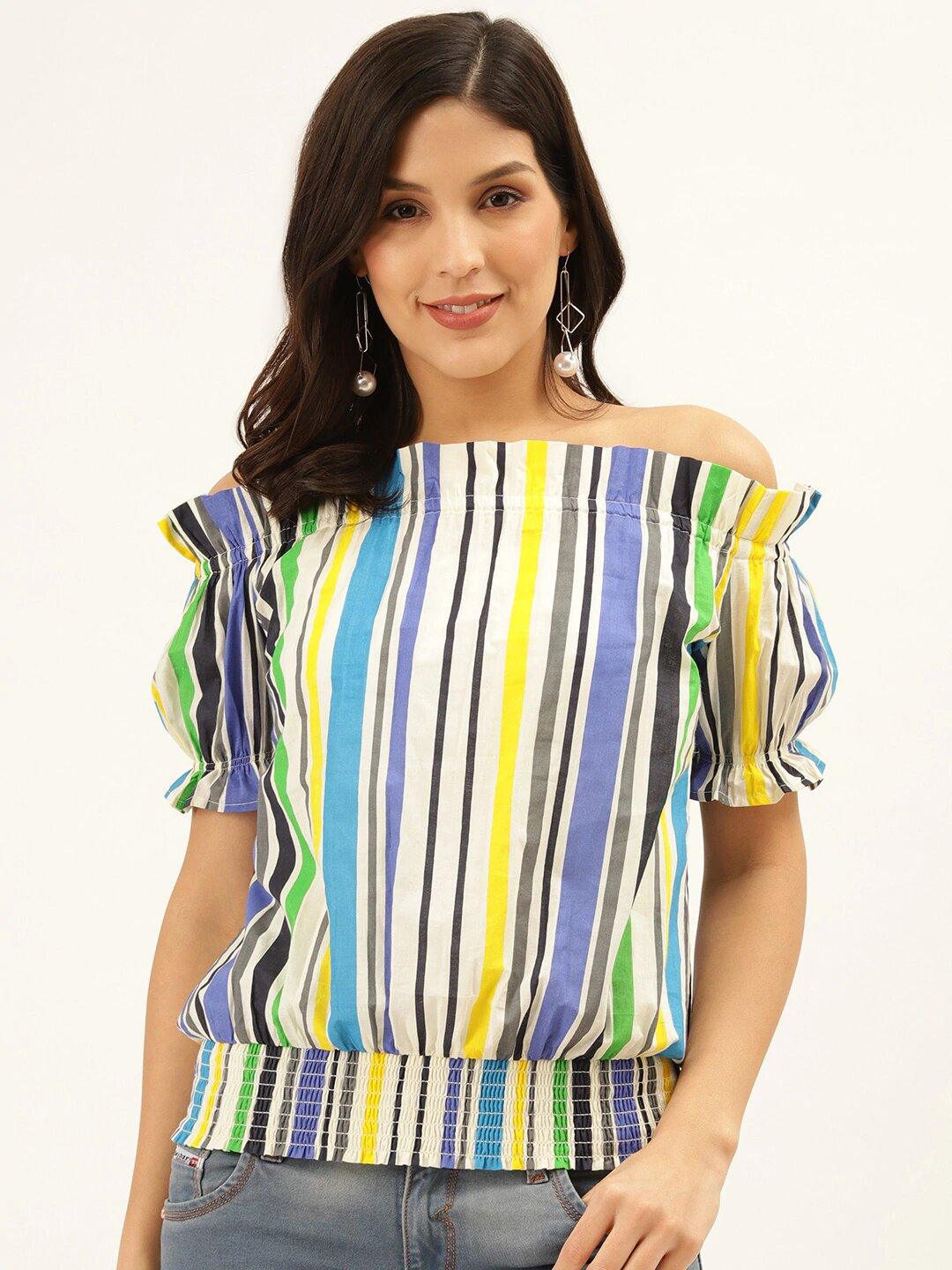 Women White & Blue Striped Bardot Top-Tops-StyleQuotient