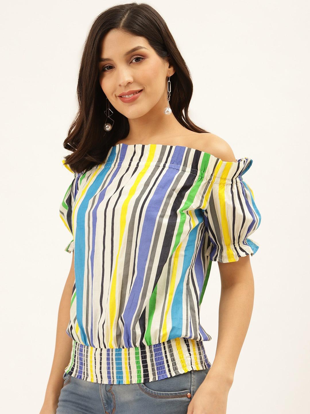 Women White & Blue Striped Bardot Top-Tops-StyleQuotient