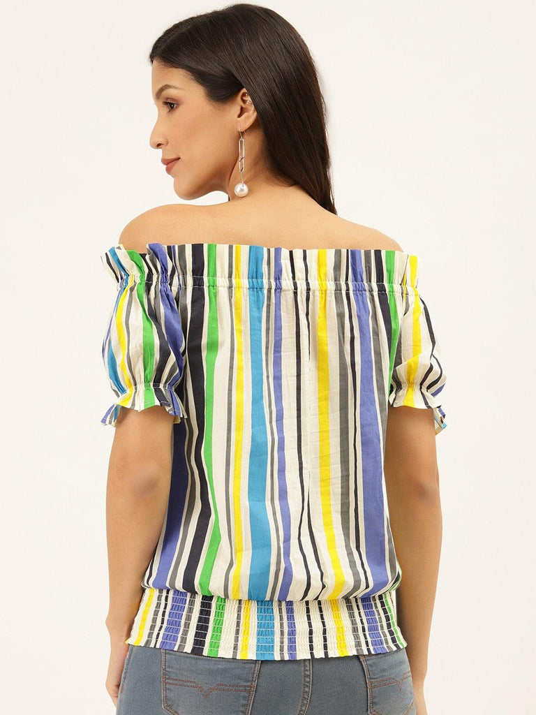 Women White & Blue Striped Bardot Top-Tops-StyleQuotient