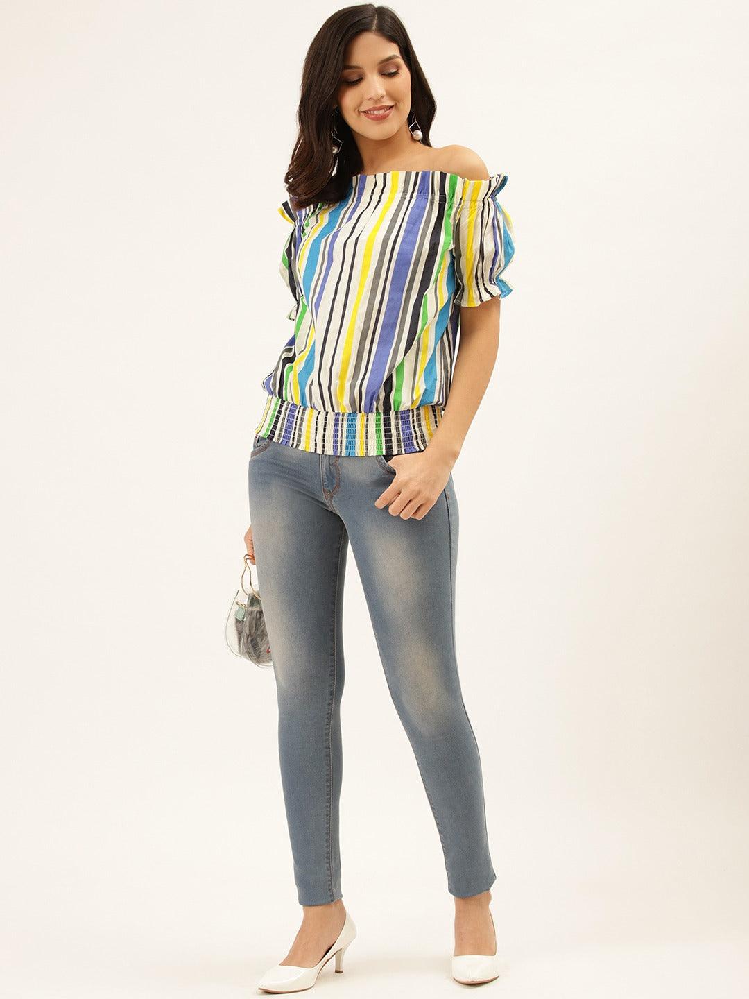 Women White & Blue Striped Bardot Top-Tops-StyleQuotient