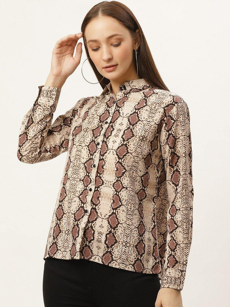 Women Beige & Brown Contemporary Boxy Fit Snake Skin Print Casual Shirt-Shirts-StyleQuotient