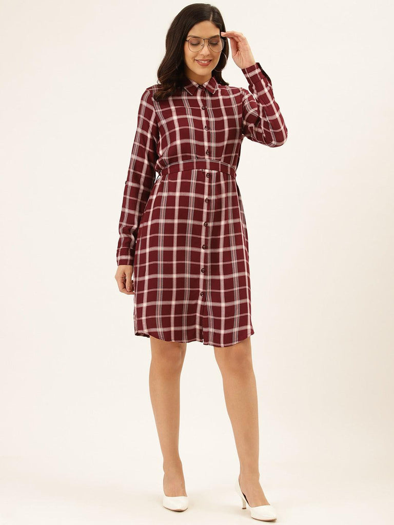 Women Burgundy & Off-White Checked Shirt Dress-Dresses-StyleQuotient