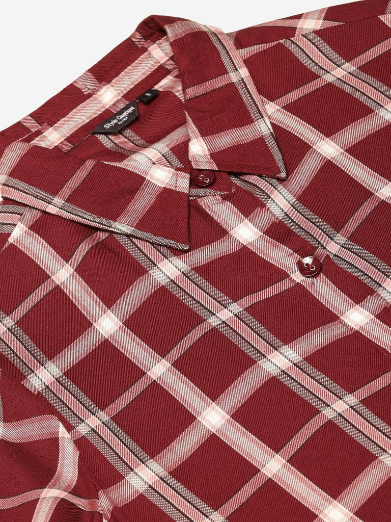 Women Burgundy & Off-White Checked Shirt Dress-Dresses-StyleQuotient