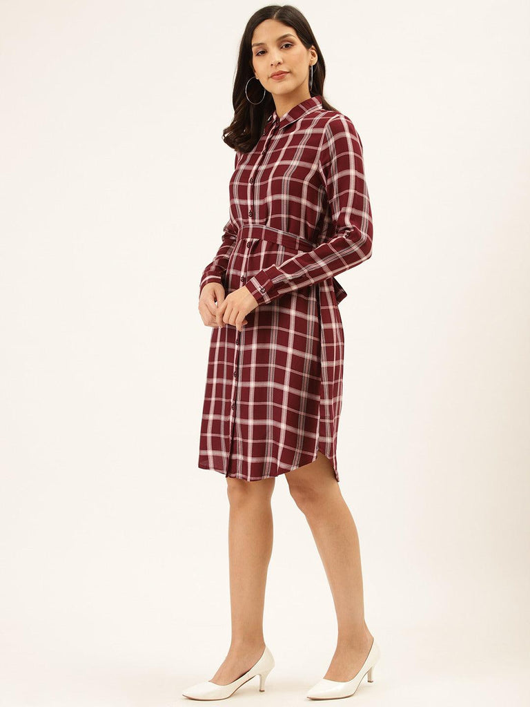 Women Burgundy & Off-White Checked Shirt Dress-Dresses-StyleQuotient