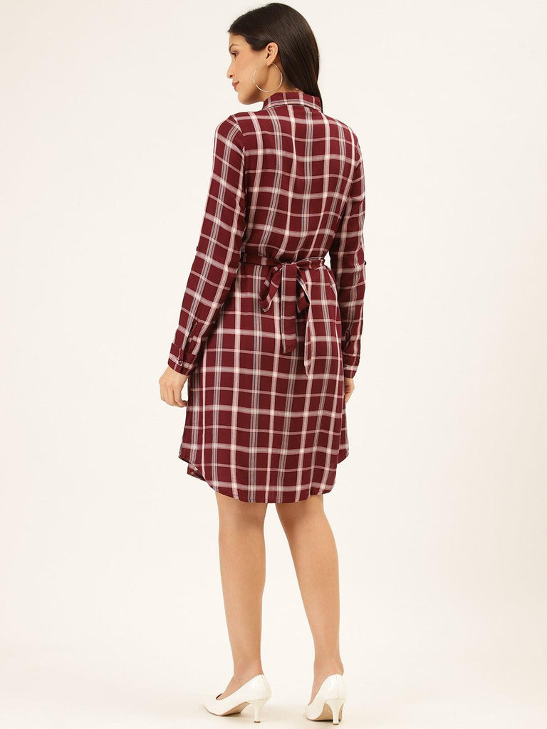 Women Burgundy & Off-White Checked Shirt Dress-Dresses-StyleQuotient