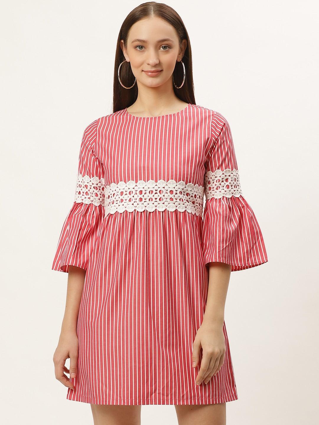 Women Coral Red & White Striped Empire Dress-Dresses-StyleQuotient